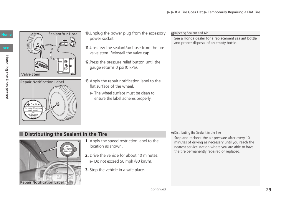 Distributing the sealant in the tire | HONDA 2013 Civic CNG User Manual | Page 29 / 41