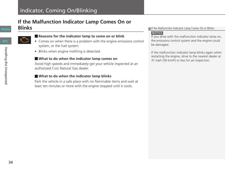 P.34, Indicator, coming on/blinking | HONDA 2013 Civic CNG User Manual | Page 34 / 41