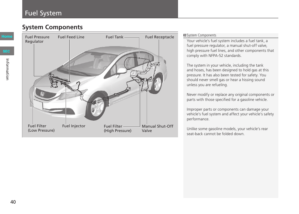 P. 40, Fuel system, System components | HONDA 2013 Civic CNG User Manual | Page 40 / 41