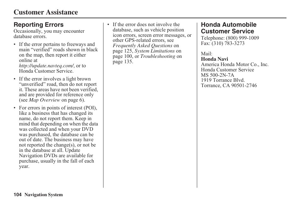 Customer assistance | HONDA 2011 Civic Navigation User Manual | Page 105 / 154