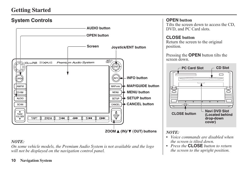 Getting started, System controls | HONDA 2011 Civic Navigation User Manual | Page 11 / 154