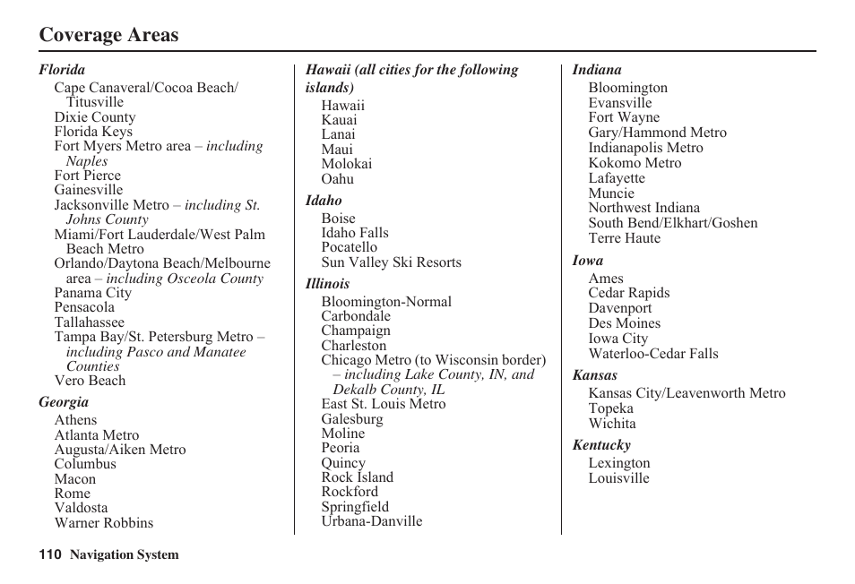 Coverage areas | HONDA 2011 Civic Navigation User Manual | Page 111 / 154