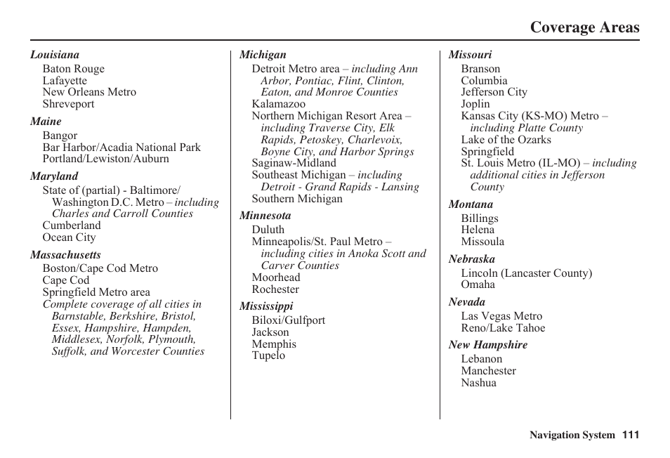 Coverage areas | HONDA 2011 Civic Navigation User Manual | Page 112 / 154