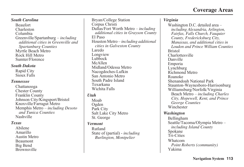 Coverage areas | HONDA 2011 Civic Navigation User Manual | Page 114 / 154