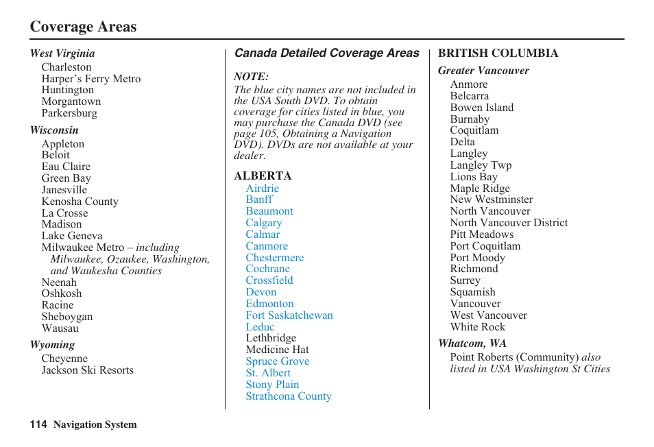 Coverage areas | HONDA 2011 Civic Navigation User Manual | Page 115 / 154