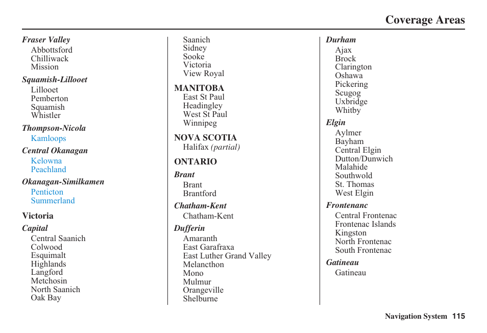 Coverage areas | HONDA 2011 Civic Navigation User Manual | Page 116 / 154