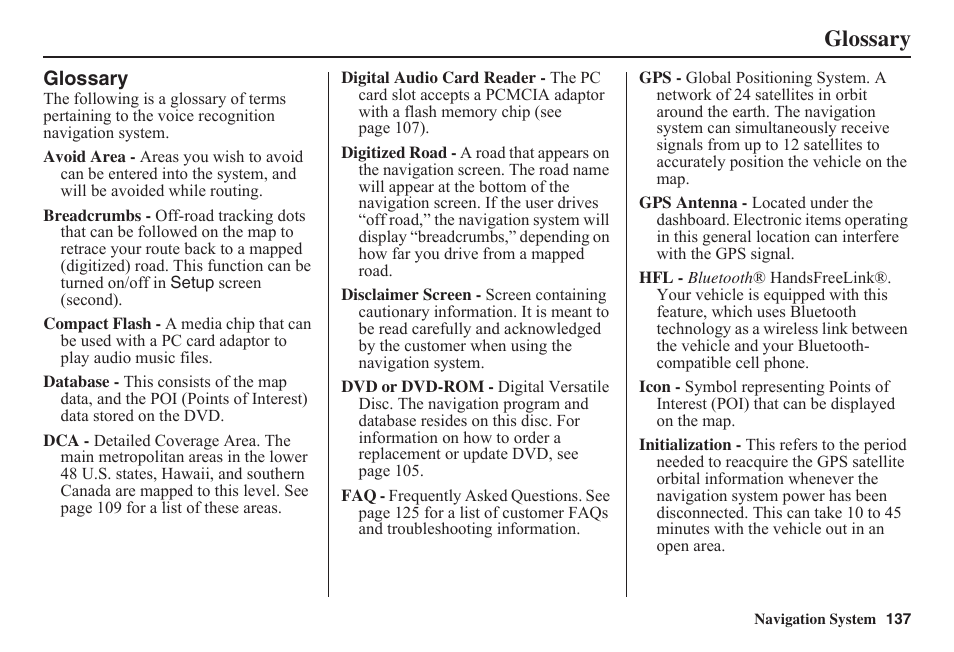 Glossary | HONDA 2011 Civic Navigation User Manual | Page 138 / 154