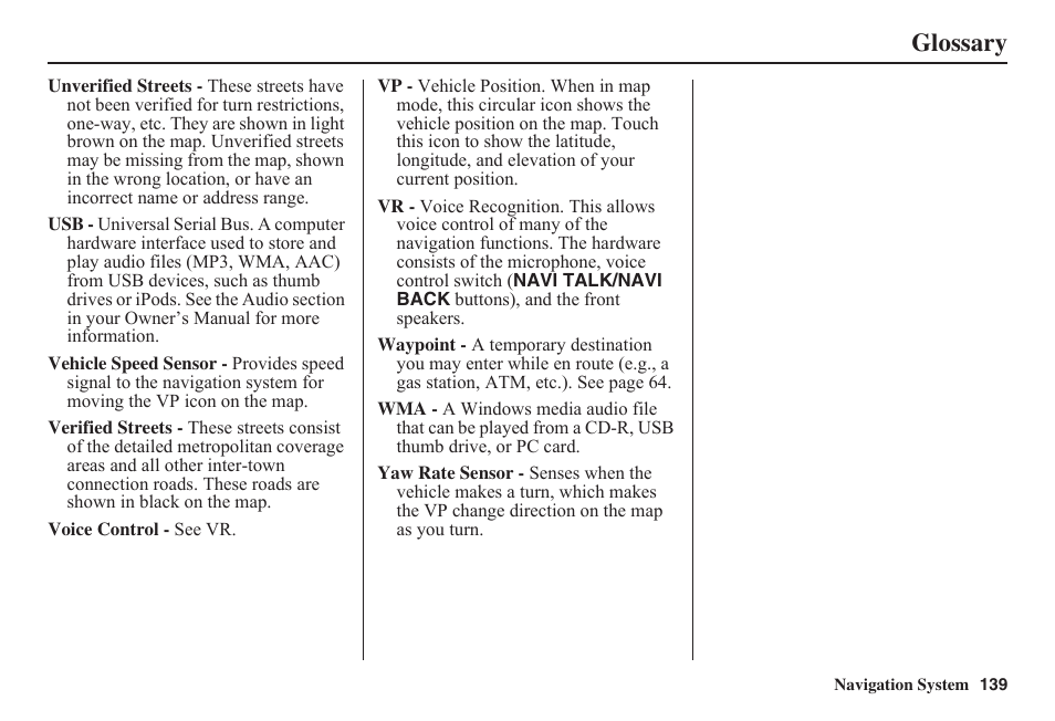 Glossary | HONDA 2011 Civic Navigation User Manual | Page 140 / 154