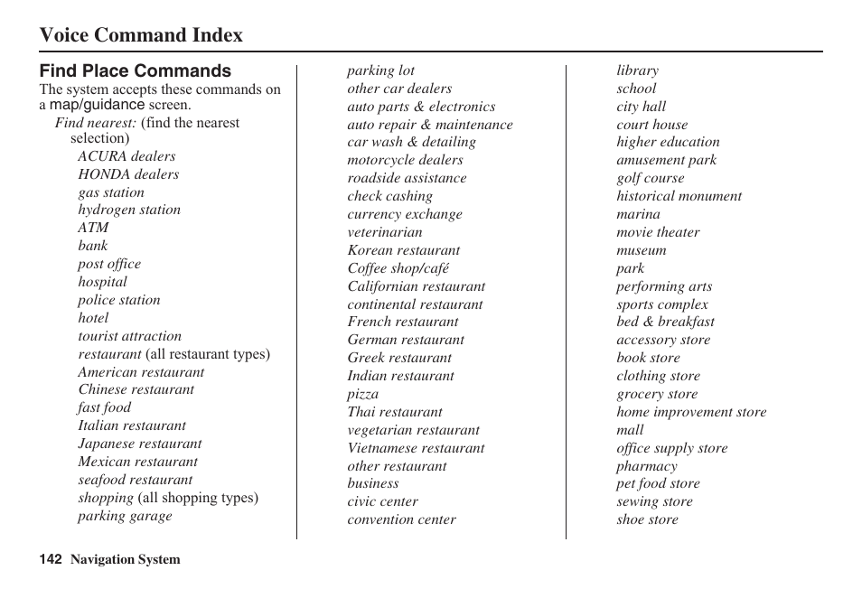 Voice command index | HONDA 2011 Civic Navigation User Manual | Page 143 / 154