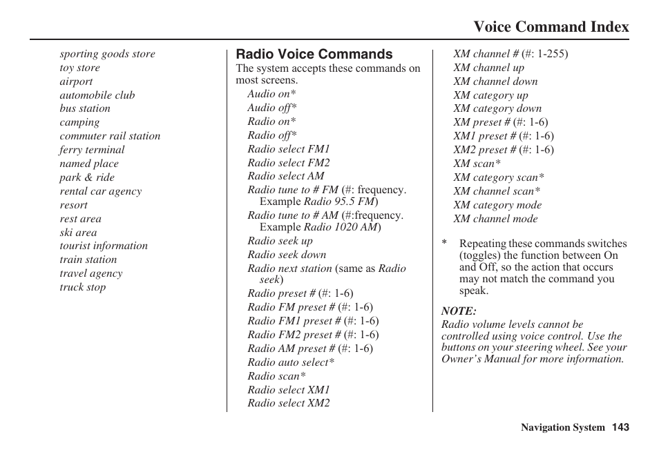 Voice command index | HONDA 2011 Civic Navigation User Manual | Page 144 / 154