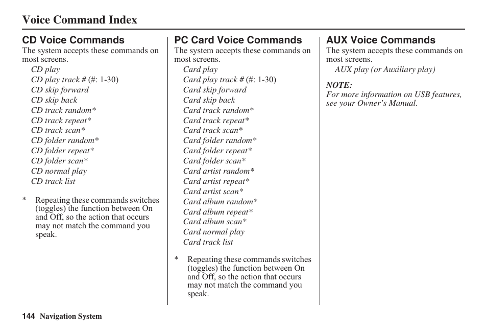 Voice command index | HONDA 2011 Civic Navigation User Manual | Page 145 / 154