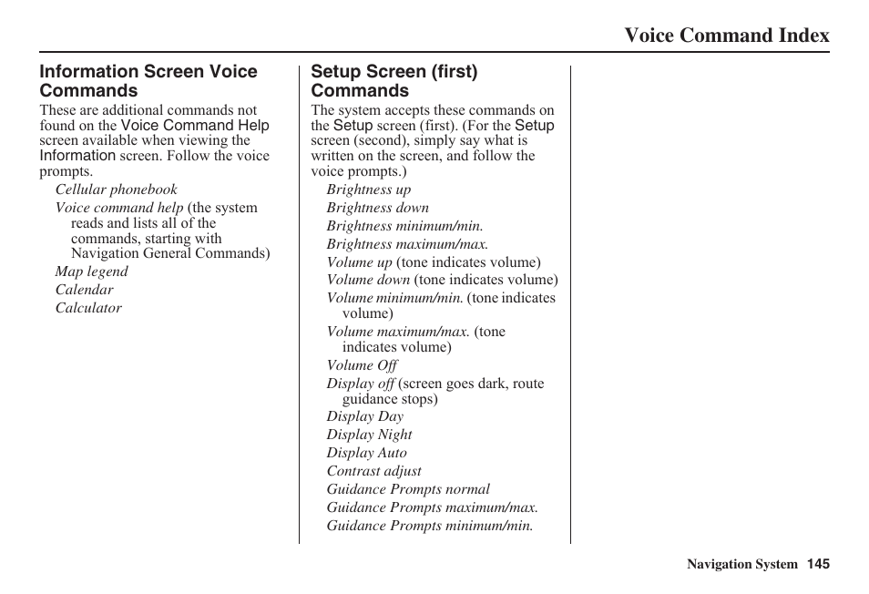 Voice command index | HONDA 2011 Civic Navigation User Manual | Page 146 / 154