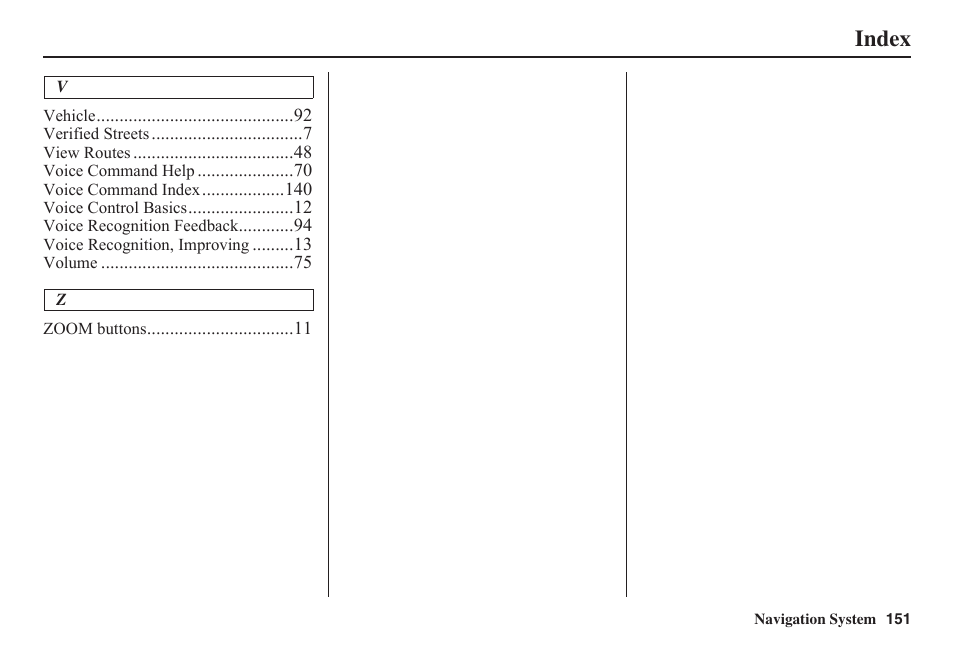 Index | HONDA 2011 Civic Navigation User Manual | Page 152 / 154