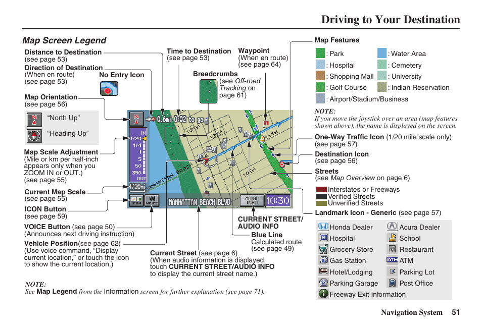 Driving to your destination, Map screen legend | HONDA 2011 Civic Navigation User Manual | Page 52 / 154