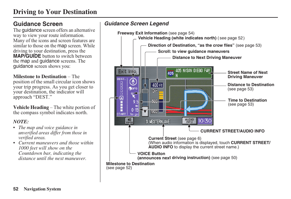 Driving to your destination, Guidance screen | HONDA 2011 Civic Navigation User Manual | Page 53 / 154