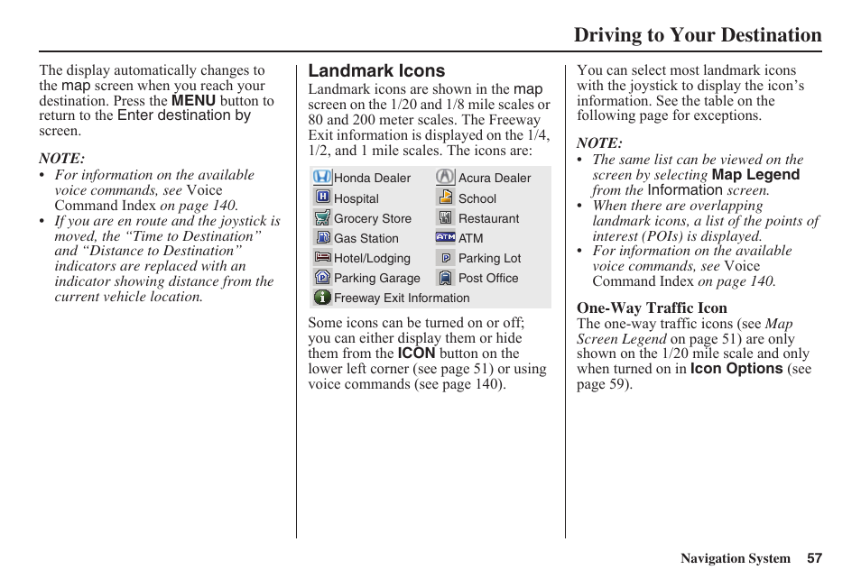 Driving to your destination, Landmark icons | HONDA 2011 Civic Navigation User Manual | Page 58 / 154