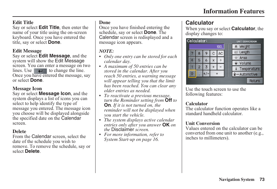 Information features | HONDA 2011 Civic Navigation User Manual | Page 74 / 154