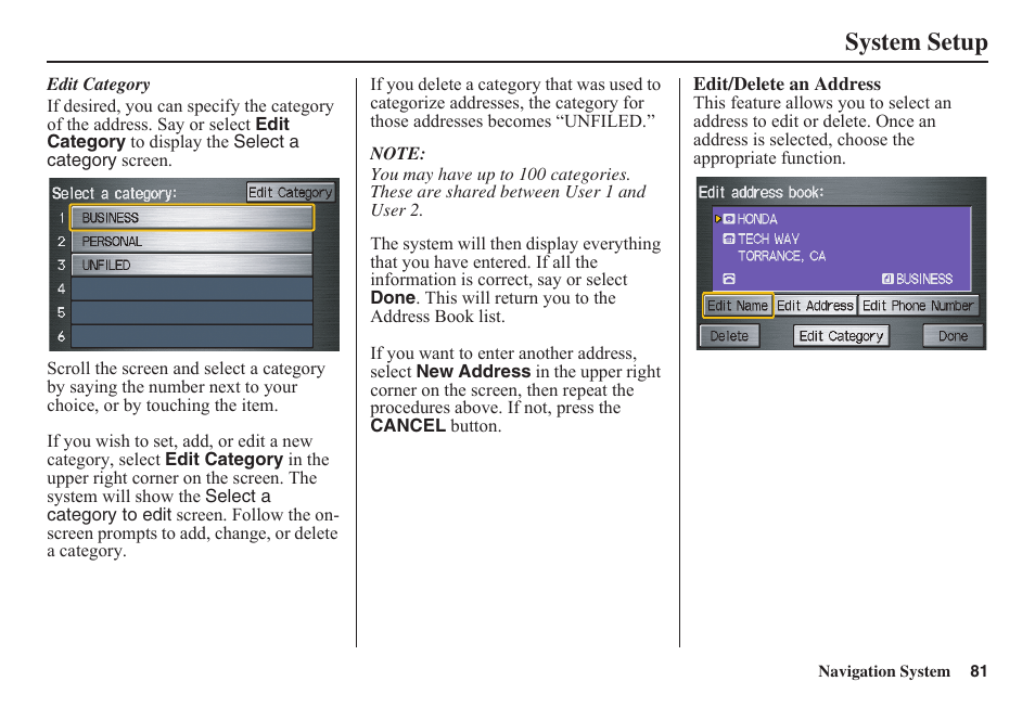 System setup | HONDA 2011 Civic Navigation User Manual | Page 82 / 154