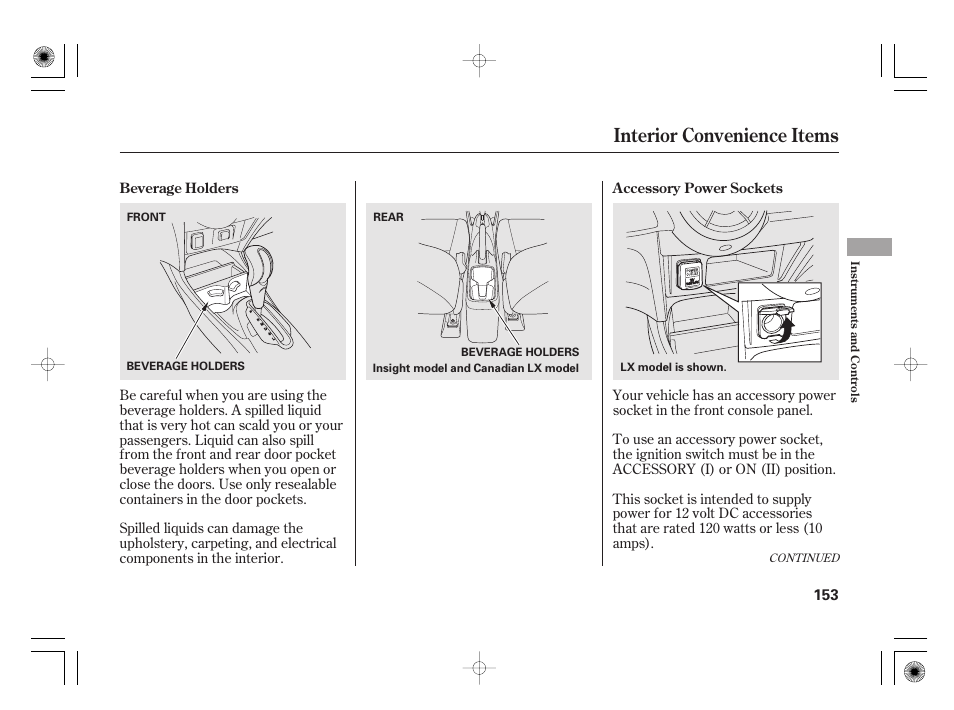 Interior convenience items | HONDA 2011 Insight User Manual | Page 159 / 466