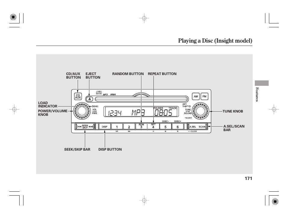 Playing a disc (insight model) | HONDA 2011 Insight User Manual | Page 177 / 466