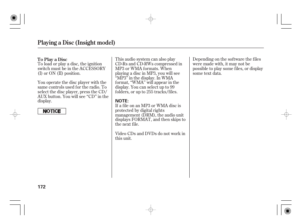 Playing a disc (insight model) | HONDA 2011 Insight User Manual | Page 178 / 466