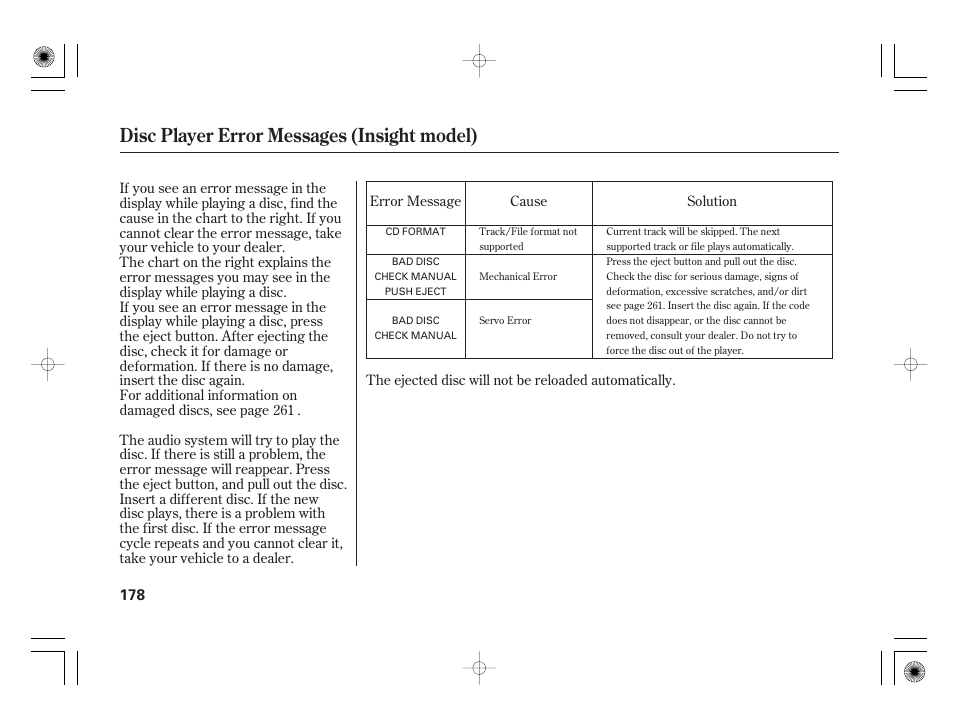 Disc player error messages (insight model) | HONDA 2011 Insight User Manual | Page 184 / 466