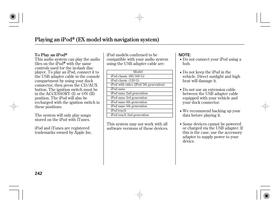 Playing an ipod (ex model with navigation system) | HONDA 2011 Insight User Manual | Page 248 / 466