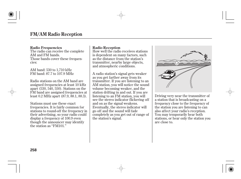 Fm/am radio reception | HONDA 2011 Insight User Manual | Page 264 / 466