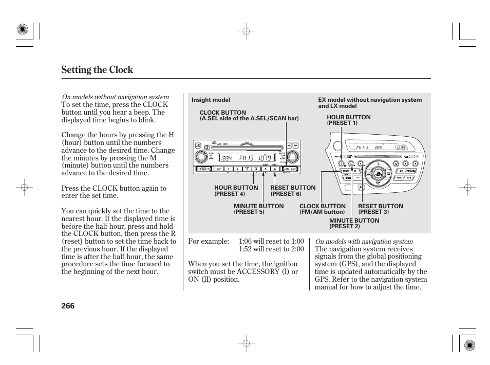 Setting the clock | HONDA 2011 Insight User Manual | Page 272 / 466