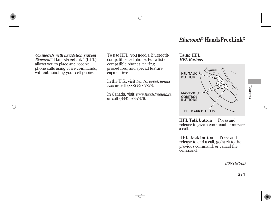 Handsfreelink, Bluetooth | HONDA 2011 Insight User Manual | Page 277 / 466