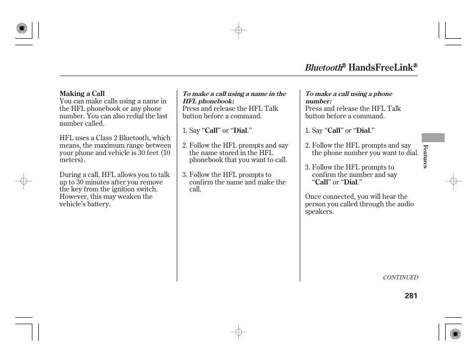 Handsfreelink, Bluetooth | HONDA 2011 Insight User Manual | Page 287 / 466