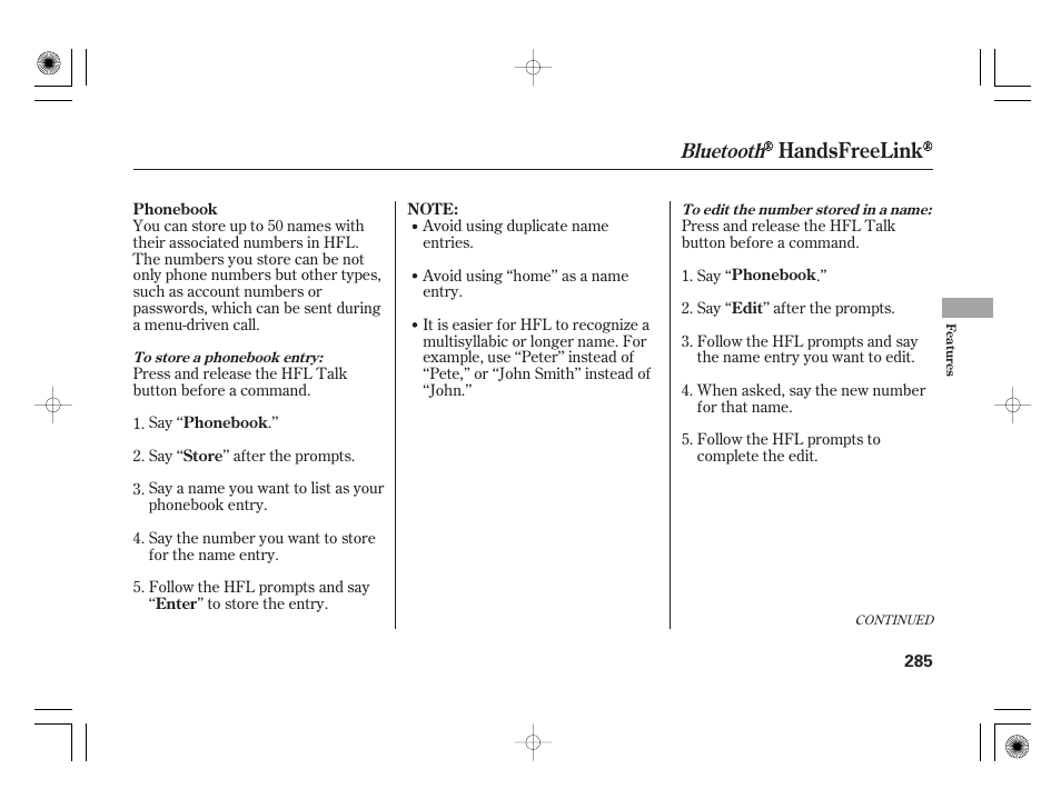 Handsfreelink, Bluetooth | HONDA 2011 Insight User Manual | Page 291 / 466