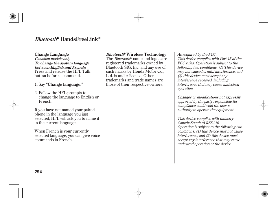 Handsfreelink, Bluetooth | HONDA 2011 Insight User Manual | Page 300 / 466