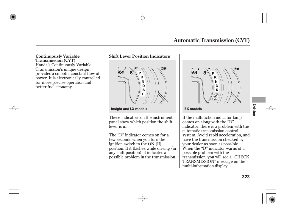 Automatic transmission (cvt) | HONDA 2011 Insight User Manual | Page 329 / 466