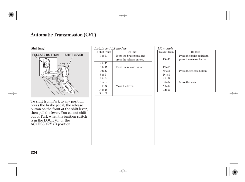 Automatic transmission (cvt) | HONDA 2011 Insight User Manual | Page 330 / 466