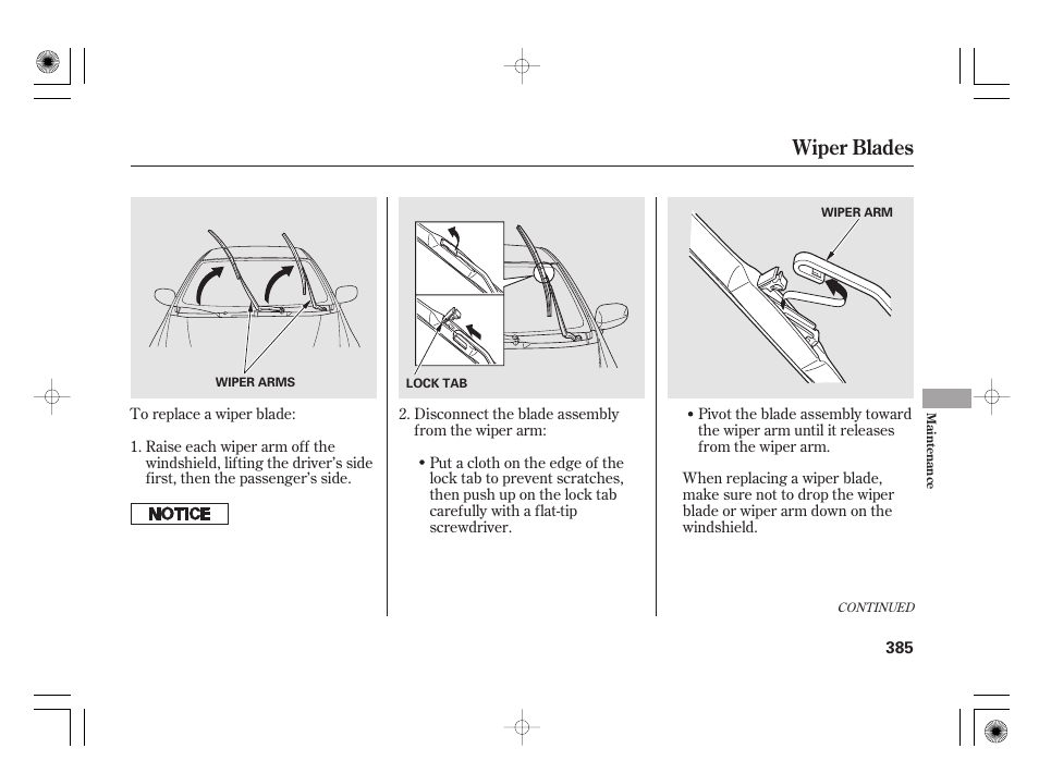 Wiper blades | HONDA 2011 Insight User Manual | Page 391 / 466