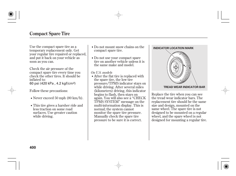 Compact spare tire | HONDA 2011 Insight User Manual | Page 406 / 466