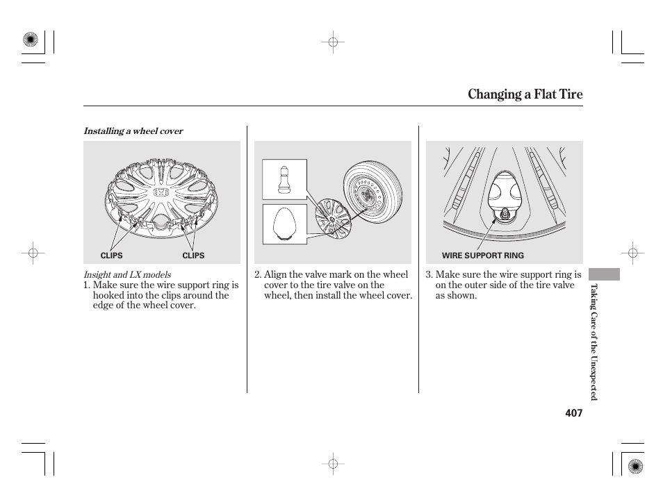 Changing a flat tire | HONDA 2011 Insight User Manual | Page 413 / 466