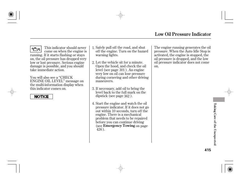 Low oil pressure indicator | HONDA 2011 Insight User Manual | Page 421 / 466