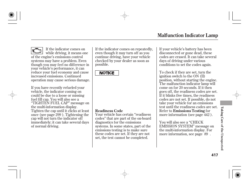 Malfunction indicator lamp | HONDA 2011 Insight User Manual | Page 423 / 466