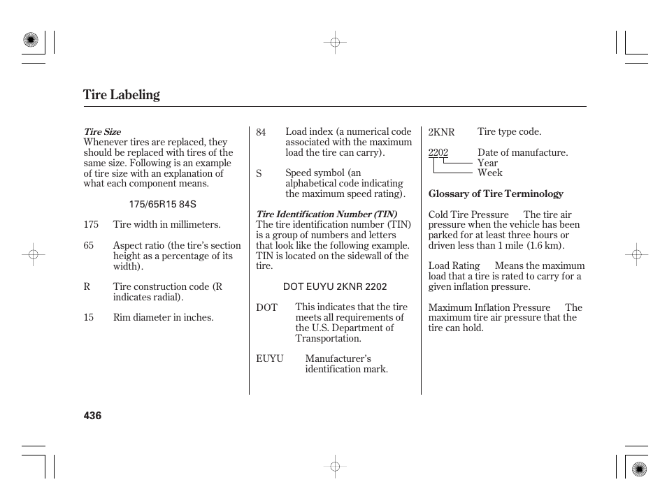Tire labeling | HONDA 2011 Insight User Manual | Page 442 / 466