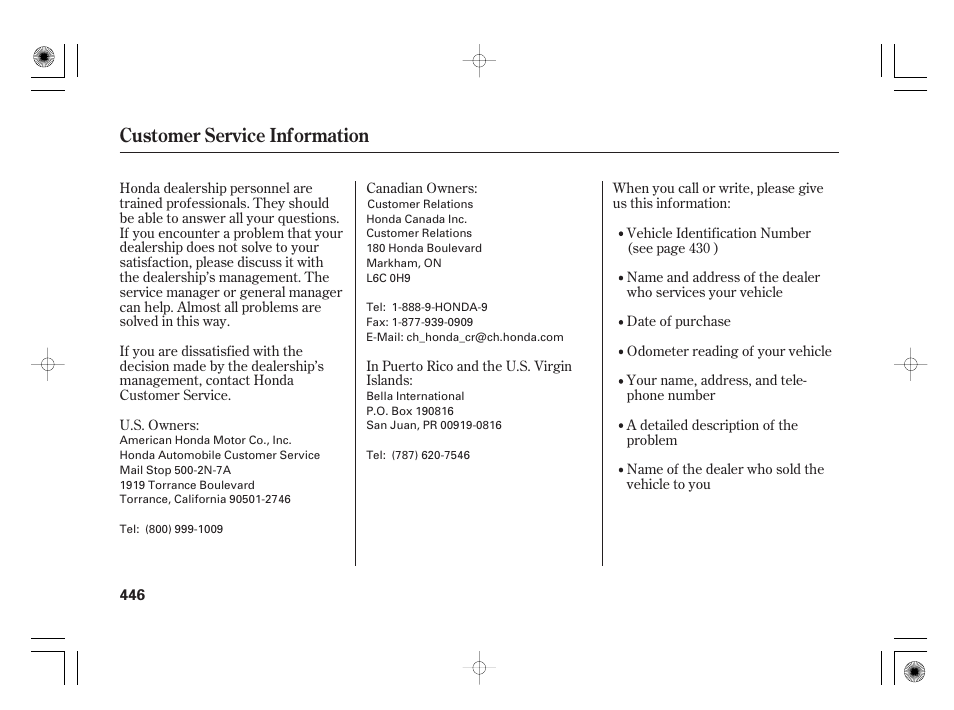 Customer service information | HONDA 2011 Insight User Manual | Page 452 / 466