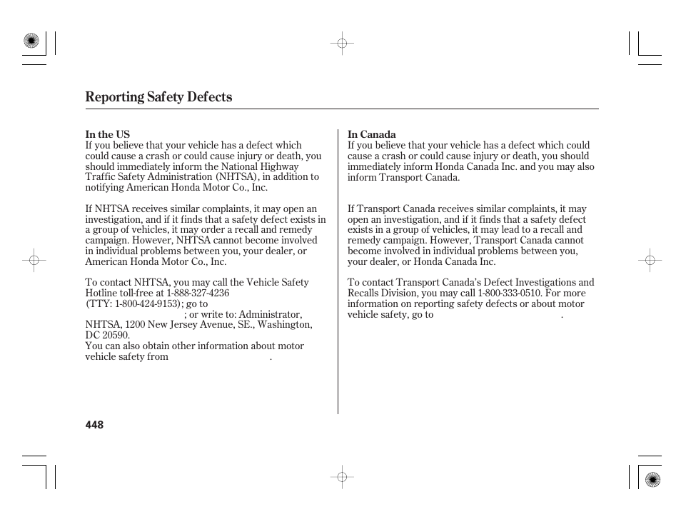 Reporting safety defects | HONDA 2011 Insight User Manual | Page 454 / 466