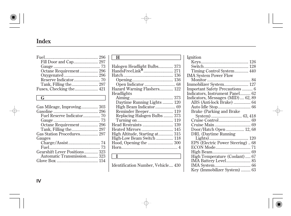 Index | HONDA 2011 Insight User Manual | Page 460 / 466