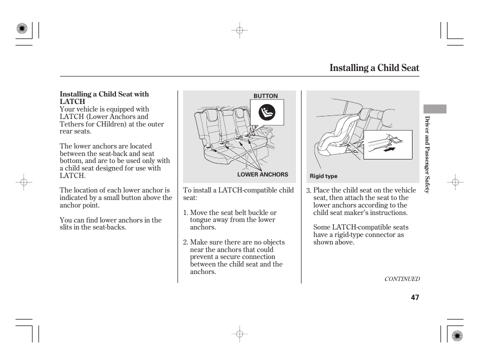 Installing a child seat | HONDA 2011 Insight User Manual | Page 53 / 466