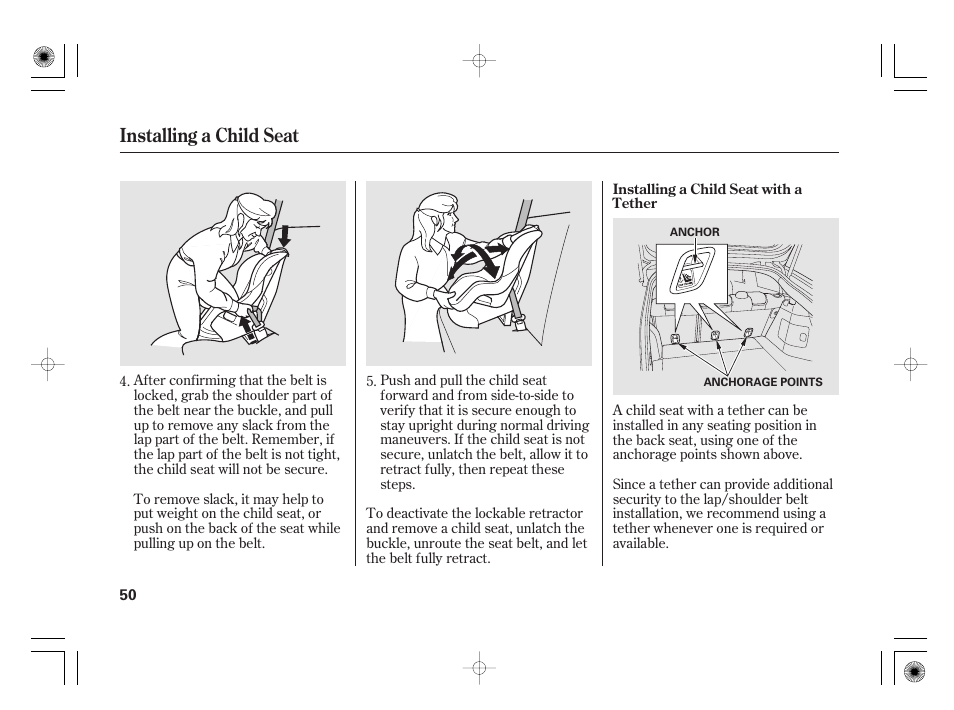 Installing a child seat | HONDA 2011 Insight User Manual | Page 56 / 466