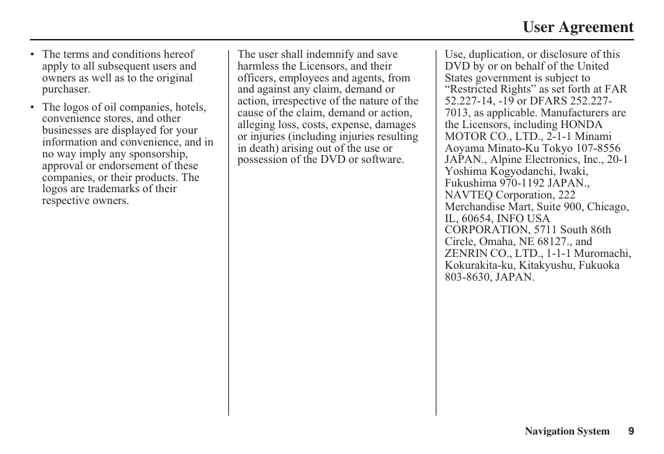 User agreement | HONDA 2011 Fit Navigation User Manual | Page 10 / 152