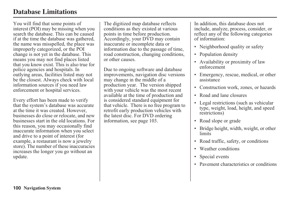 Database limitations | HONDA 2011 Fit Navigation User Manual | Page 101 / 152