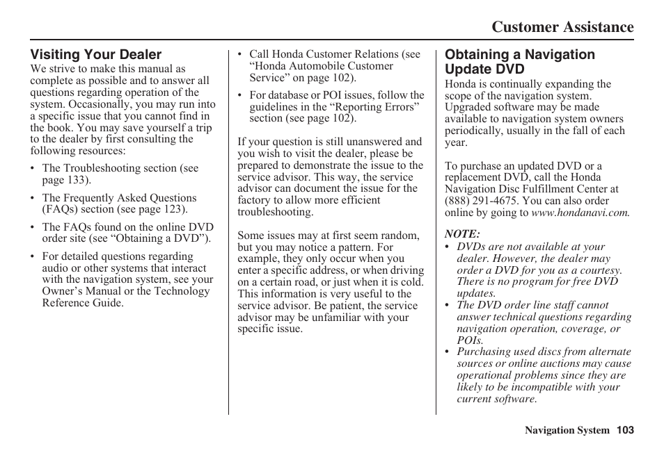 Customer assistance | HONDA 2011 Fit Navigation User Manual | Page 104 / 152