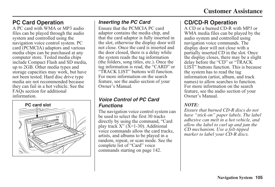 Customer assistance | HONDA 2011 Fit Navigation User Manual | Page 106 / 152